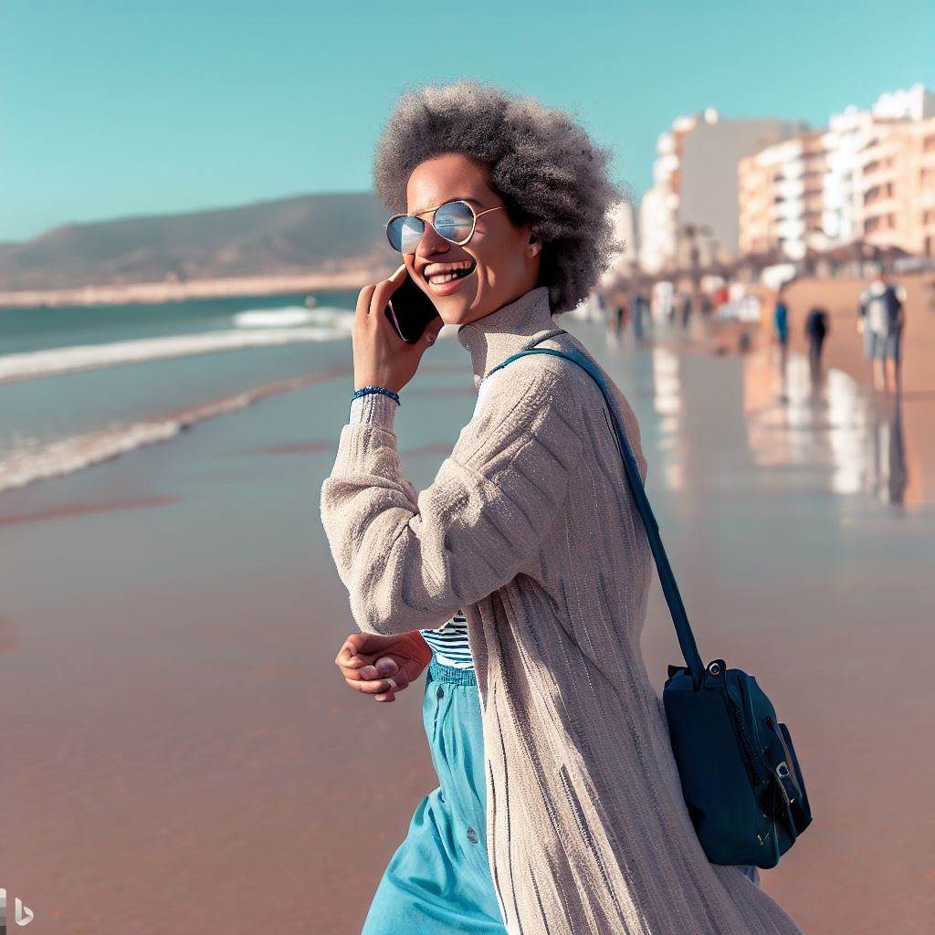 Lady talking on phone walking on Agadir Beach by Agadir flights 