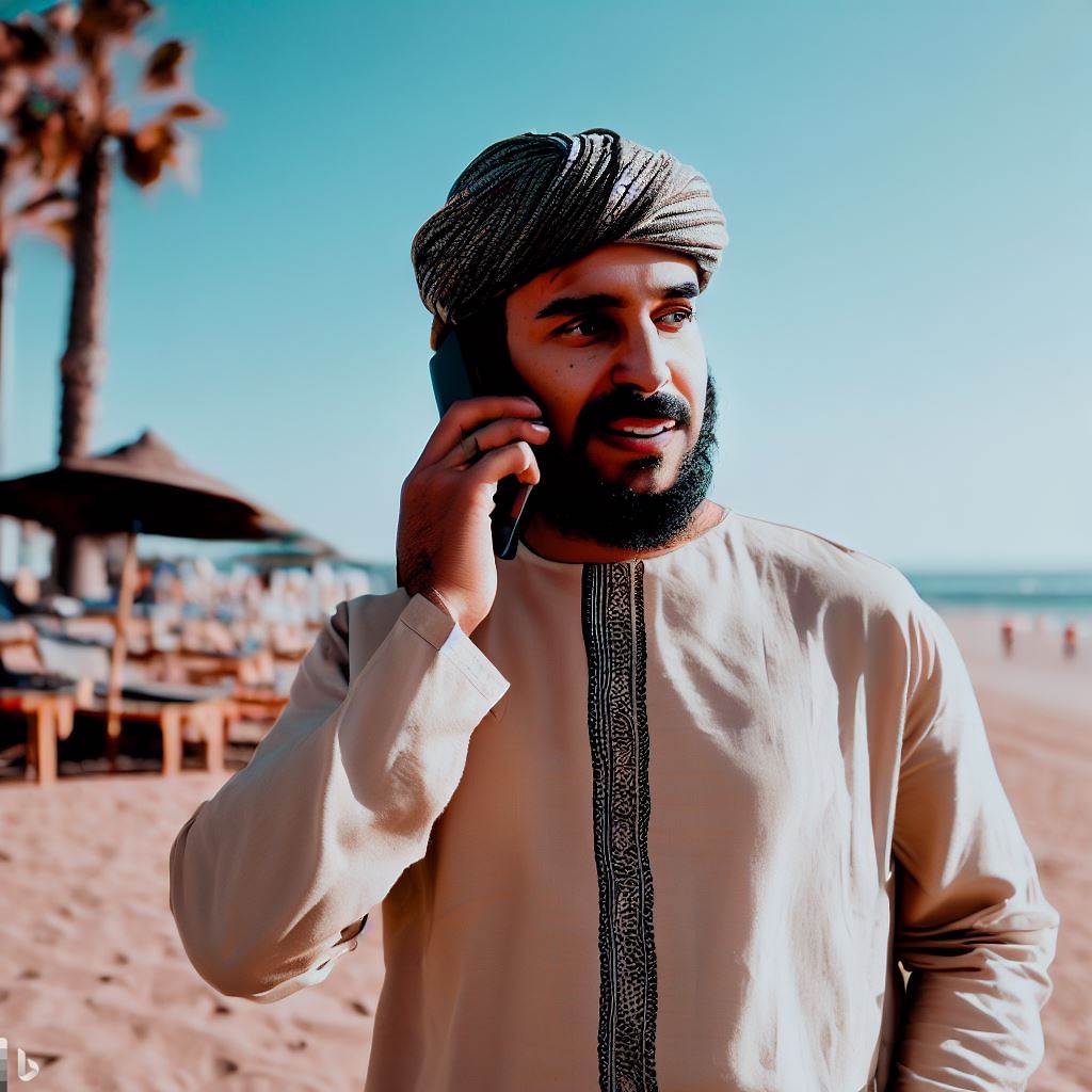 Man talking on phone by Agadir Beach by Agadir Flights 